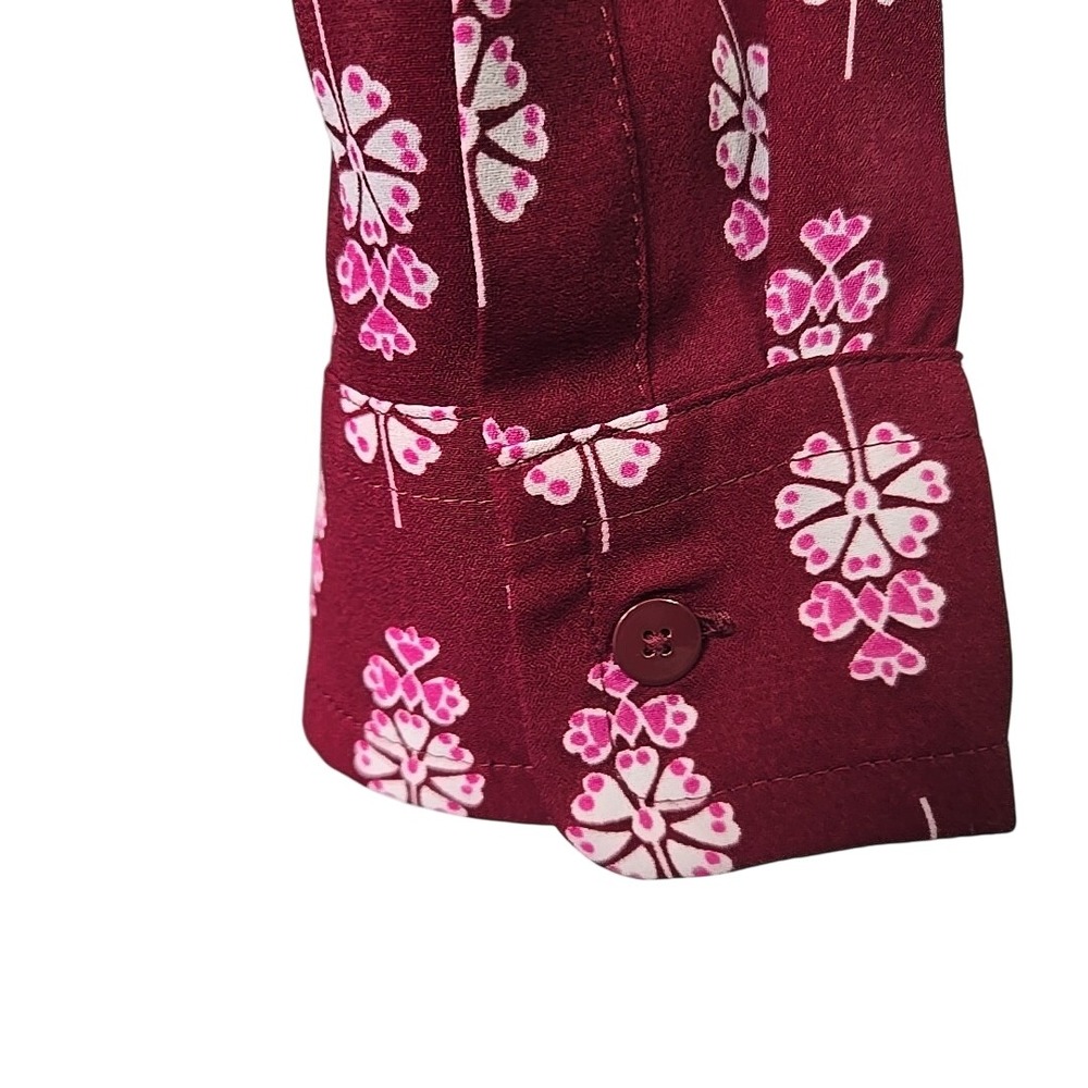 Nautica Burgundy Floral‎ Button Front High Neck Long Sleeve Blouse Top Small S - Picture 6 of 7